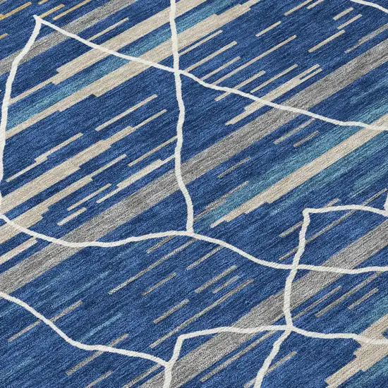 8' Navy Blue Gray And Ivory Round Striped Washable Indoor Outdoor Area Rug Photo 8