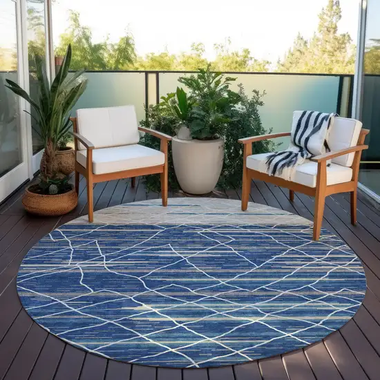 8' Navy Blue Gray And Ivory Round Striped Washable Indoor Outdoor Area Rug Photo 6