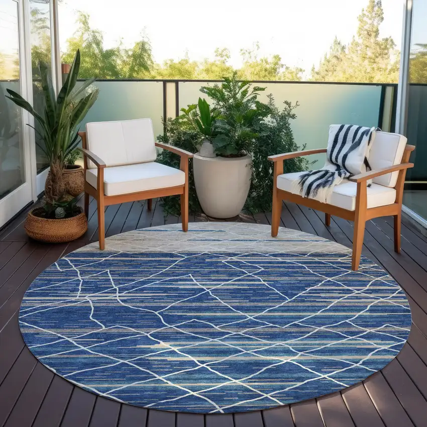 8' Navy Blue Gray And Ivory Round Striped Washable Indoor Outdoor Area Rug Photo 6