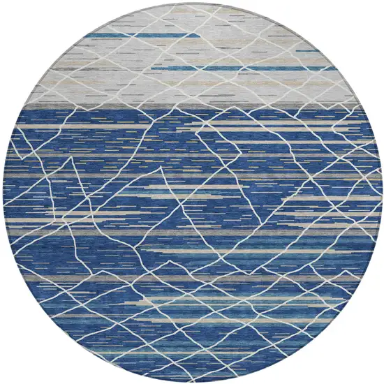 8' Navy Blue Gray And Ivory Round Striped Washable Indoor Outdoor Area Rug Photo 2