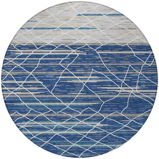 8' Navy Blue Gray And Ivory Round Striped Washable Indoor Outdoor Area Rug Photo 5