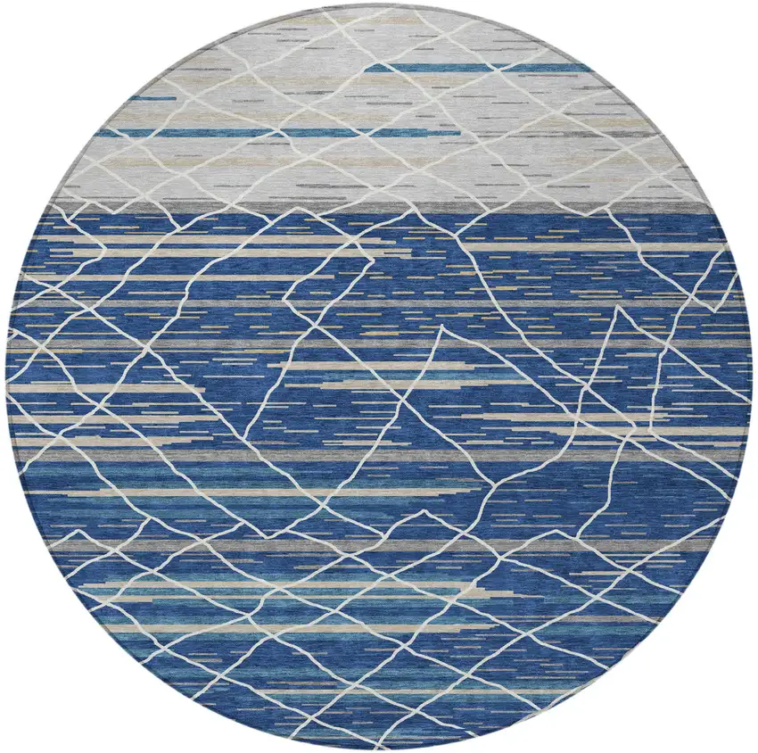 8' Navy Blue Gray And Ivory Round Striped Washable Indoor Outdoor Area Rug Photo 5