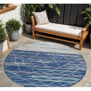 Photo of 8' Navy Blue Gray And Ivory Round Striped Washable Indoor Outdoor Area Rug