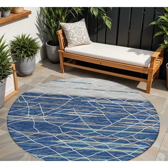 8' Navy Blue Gray And Ivory Round Striped Washable Indoor Outdoor Area Rug Photo 1