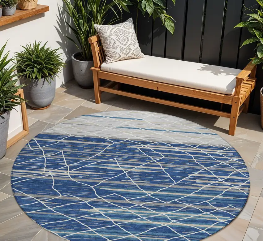 8' Navy Blue Gray And Ivory Round Striped Washable Indoor Outdoor Area Rug Photo 1