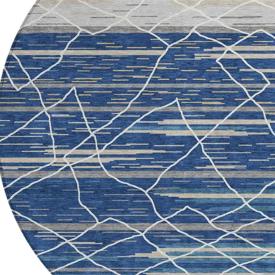 8' Navy Blue Gray And Ivory Round Striped Washable Indoor Outdoor Area Rug Photo 4