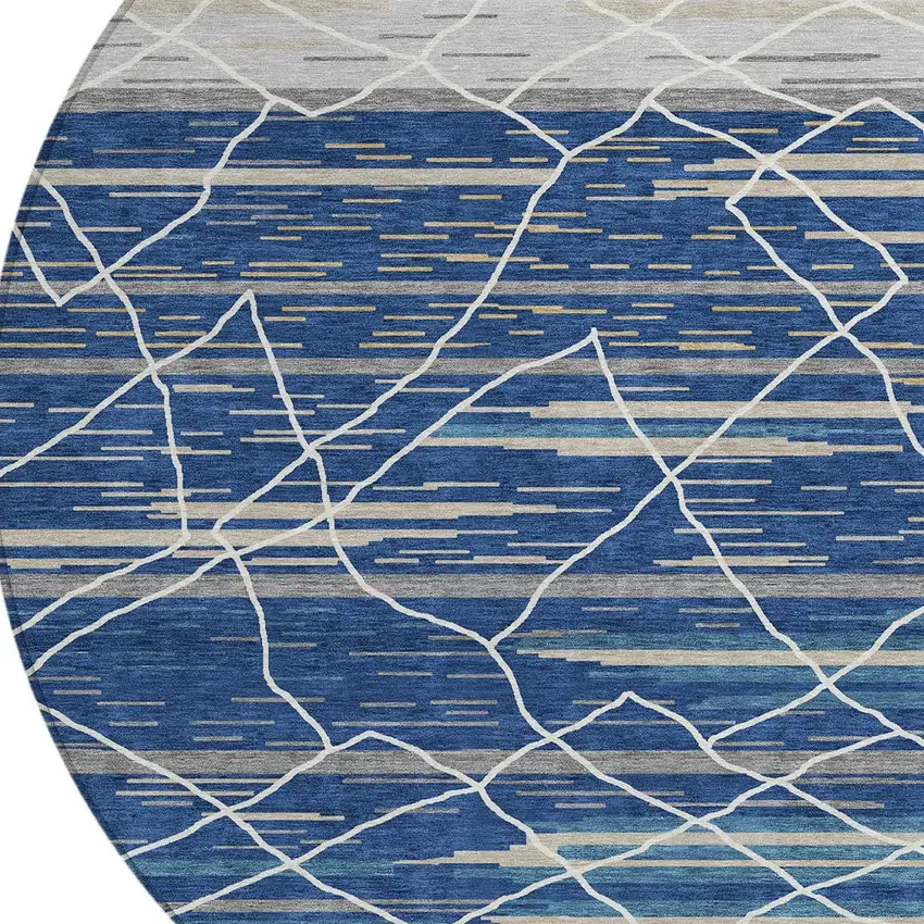 8' Navy Blue Gray And Ivory Round Striped Washable Indoor Outdoor Area Rug Photo 4