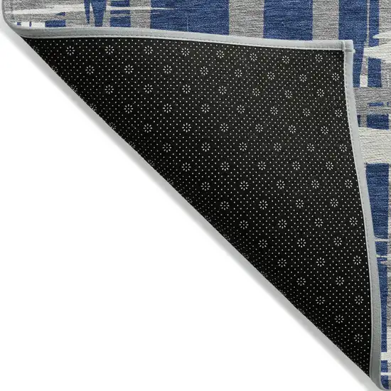 8' Navy Blue Gray And Ivory Round Striped Washable Indoor Outdoor Area Rug Photo 8