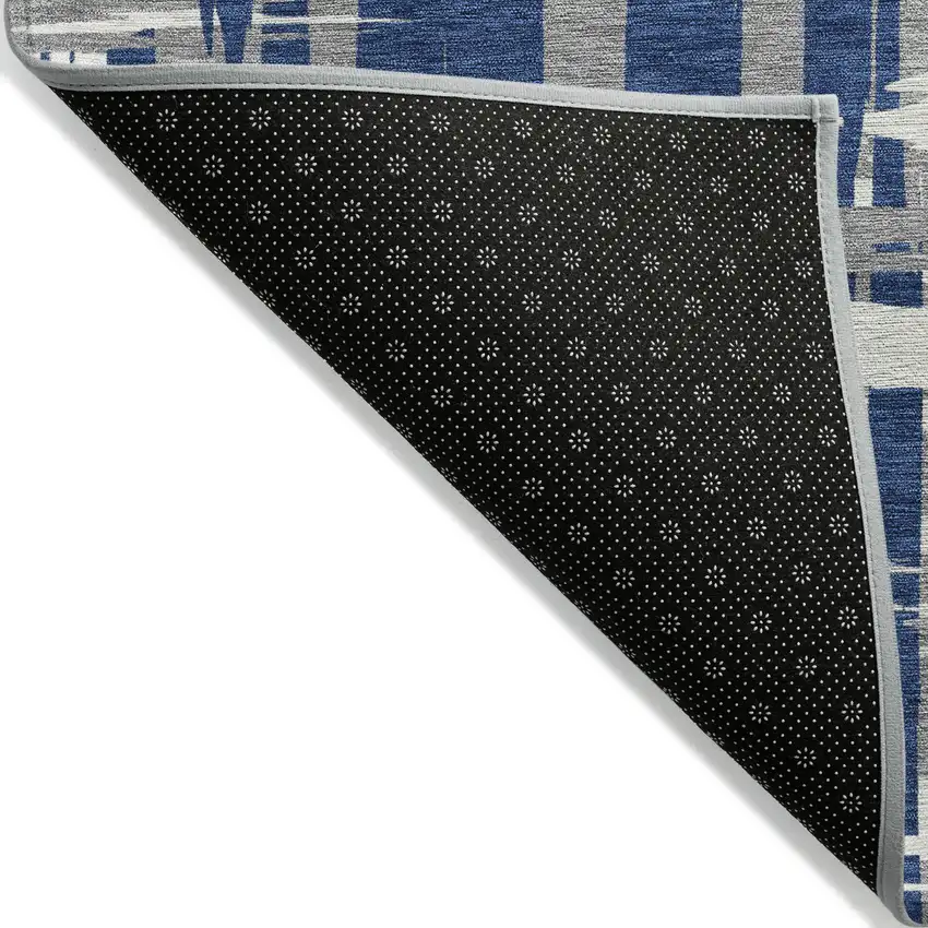 8' Navy Blue Gray And Ivory Round Striped Washable Indoor Outdoor Area Rug Photo 8