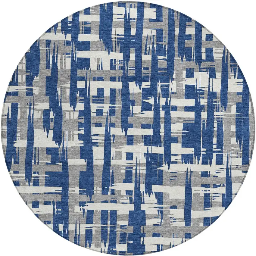 8' Navy Blue Gray And Ivory Round Striped Washable Indoor Outdoor Area Rug Photo 3