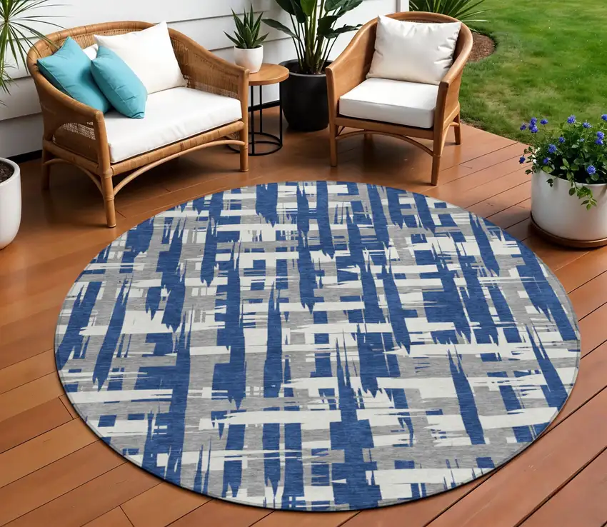 8' Navy Blue Gray And Ivory Round Striped Washable Indoor Outdoor Area Rug Photo 2