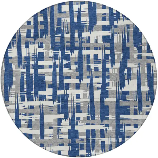 8' Navy Blue Gray And Ivory Round Striped Washable Indoor Outdoor Area Rug Photo 4