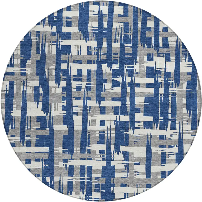 8' Navy Blue Gray And Ivory Round Striped Washable Indoor Outdoor Area Rug Photo 1