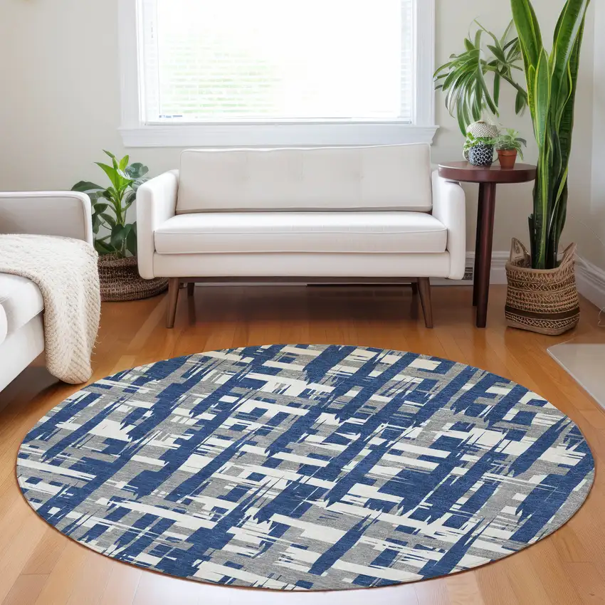 8' Navy Blue Gray And Ivory Round Striped Washable Indoor Outdoor Area Rug Photo 6
