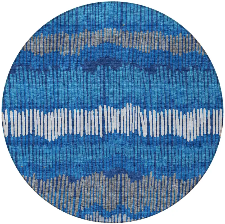 8' Navy Blue Gray And Ivory Round Striped Washable Indoor Outdoor Area Rug Photo 6