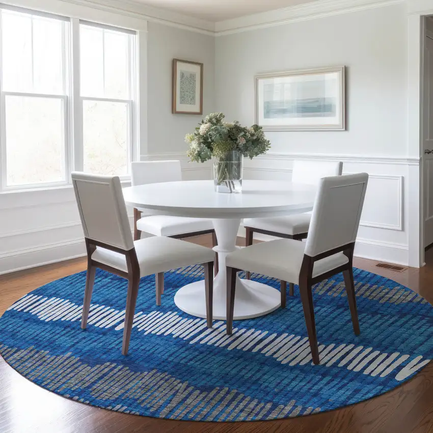 8' Navy Blue Gray And Ivory Round Striped Washable Indoor Outdoor Area Rug Photo 8