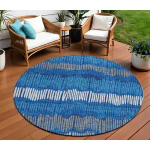 Photo of 8' Navy Blue Gray And Ivory Round Striped Washable Indoor Outdoor Area Rug