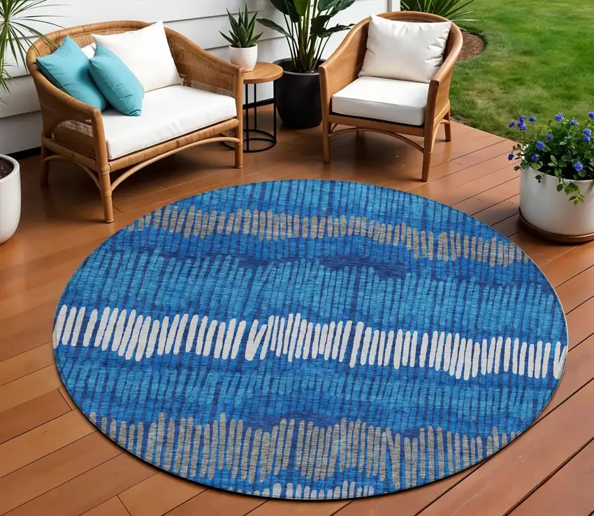 8' Navy Blue Gray And Ivory Round Striped Washable Indoor Outdoor Area Rug Photo 1