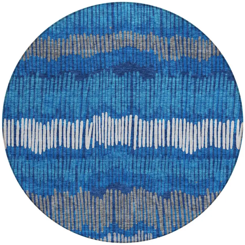 8' Navy Blue Gray And Ivory Round Striped Washable Indoor Outdoor Area Rug Photo 5