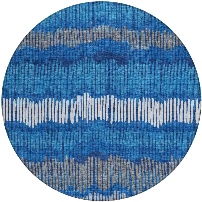 8' Navy Blue Gray And Ivory Round Striped Washable Indoor Outdoor Area Rug Photo 2