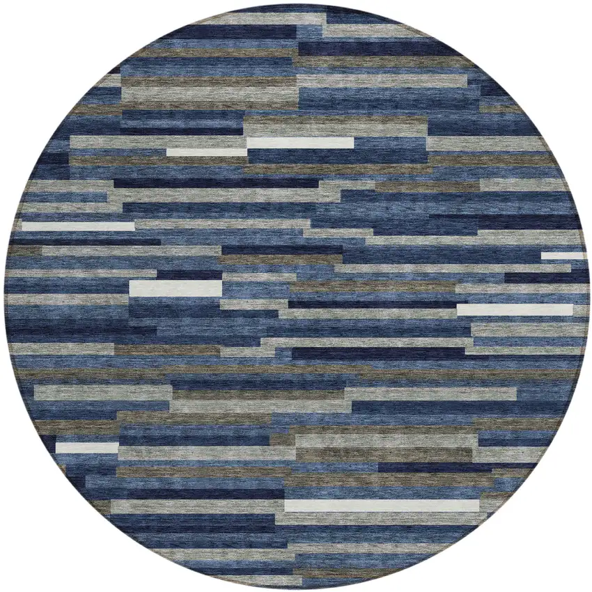 8' Navy Blue Gray And Ivory Round Striped Washable Indoor Outdoor Area Rug Photo 2