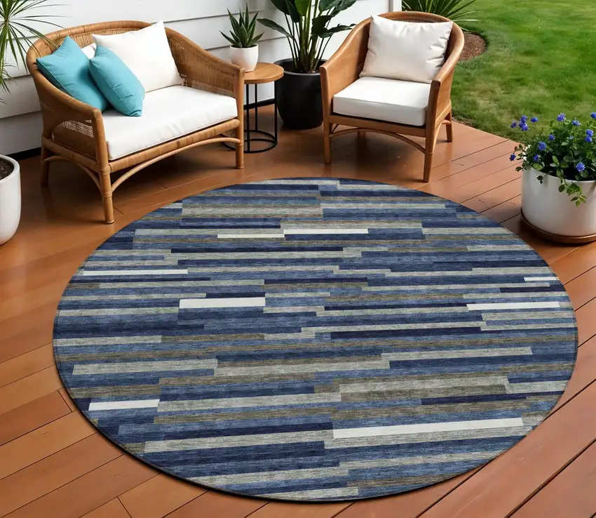 8' Navy Blue Gray And Ivory Round Striped Washable Indoor Outdoor Area Rug Photo 1