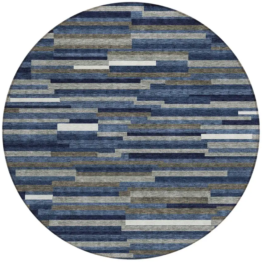 8' Navy Blue Gray And Ivory Round Striped Washable Indoor Outdoor Area Rug Photo 6