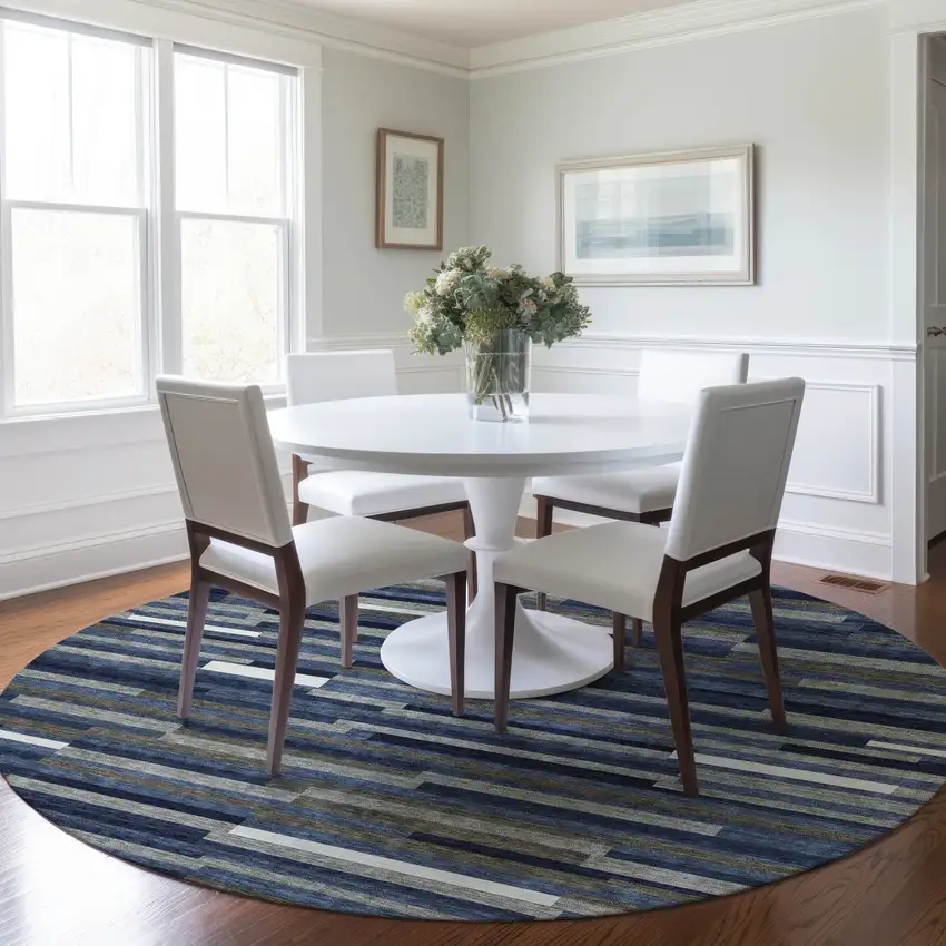 8' Navy Blue Gray And Ivory Round Striped Washable Indoor Outdoor Area Rug Photo 8