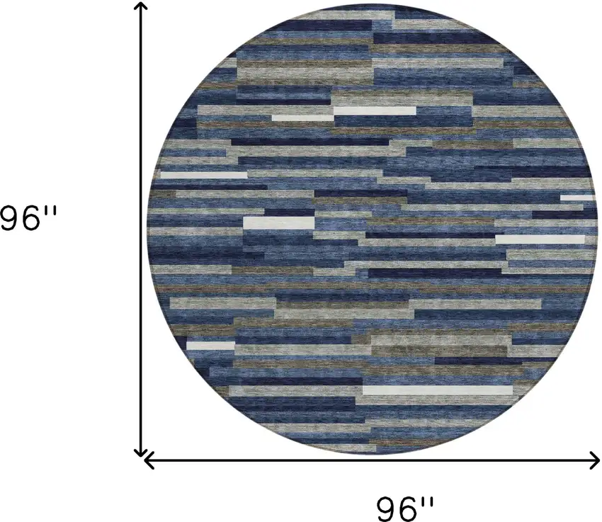8' Navy Blue Gray And Ivory Round Striped Washable Indoor Outdoor Area Rug Photo 3