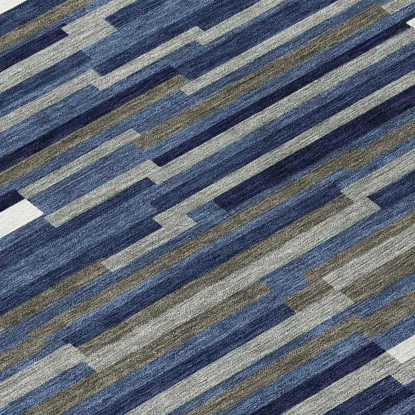 8' Navy Blue Gray And Ivory Round Striped Washable Indoor Outdoor Area Rug Photo 4
