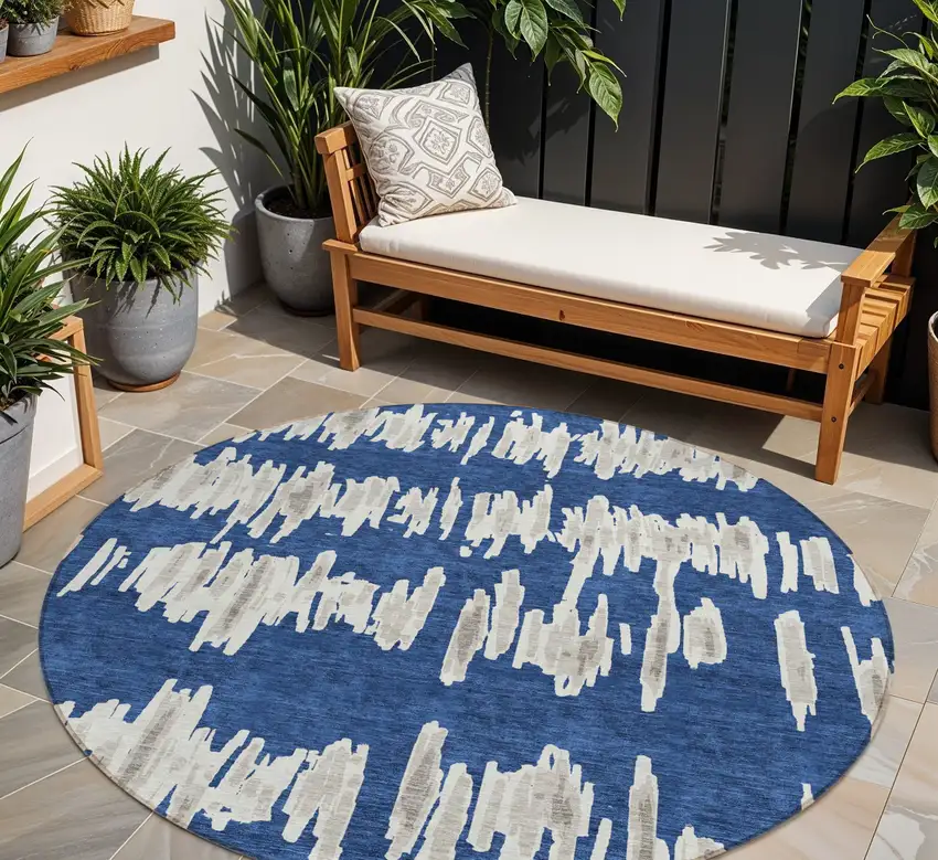 8' Navy Blue Gray And Ivory Round Striped Washable Indoor Outdoor Area Rug Photo 1