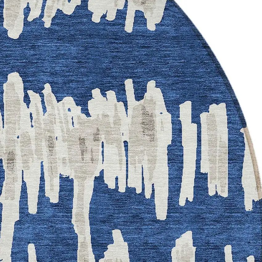 8' Navy Blue Gray And Ivory Round Striped Washable Indoor Outdoor Area Rug Photo 6