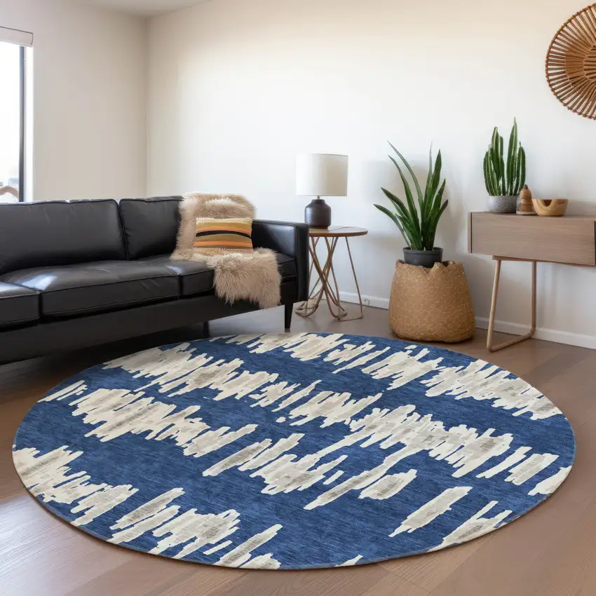8' Navy Blue Gray And Ivory Round Striped Washable Indoor Outdoor Area Rug Photo 8