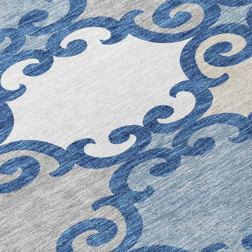8' Navy Blue Gray And Ivory Round Trellis Washable Indoor Outdoor Area Rug Photo 8