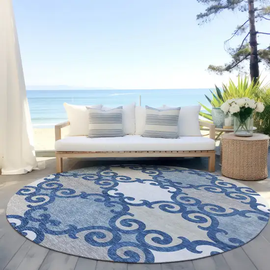 8' Navy Blue Gray And Ivory Round Trellis Washable Indoor Outdoor Area Rug Photo 6