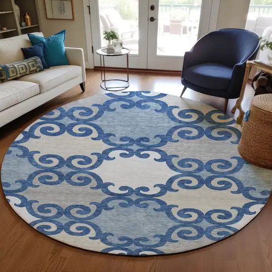 8' Navy Blue Gray And Ivory Round Trellis Washable Indoor Outdoor Area Rug Photo 7