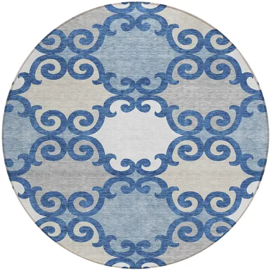 8' Navy Blue Gray And Ivory Round Trellis Washable Indoor Outdoor Area Rug Photo 2