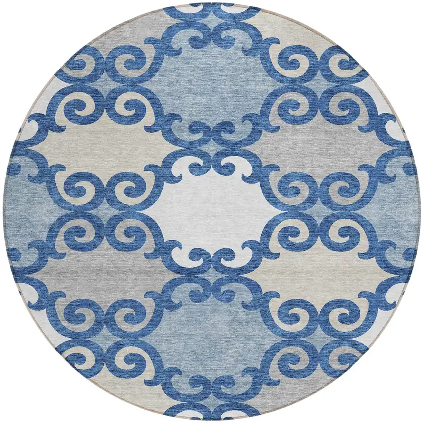 8' Navy Blue Gray And Ivory Round Trellis Washable Indoor Outdoor Area Rug Photo 2