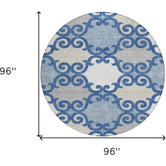 8' Navy Blue Gray And Ivory Round Trellis Washable Indoor Outdoor Area Rug Photo 5