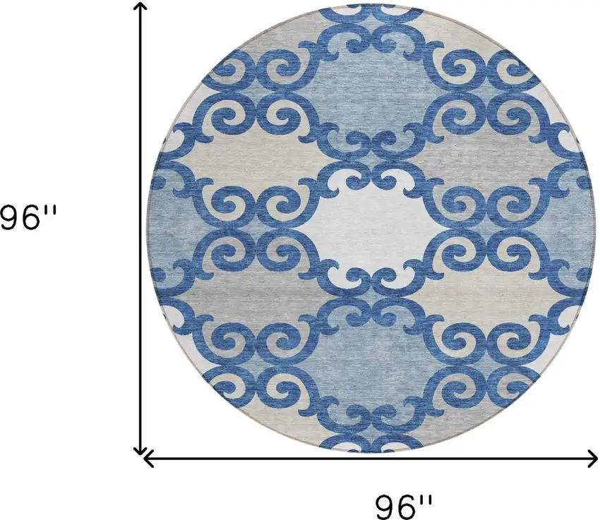 8' Navy Blue Gray And Ivory Round Trellis Washable Indoor Outdoor Area Rug Photo 5