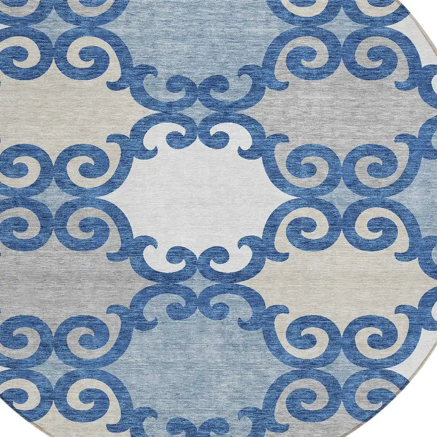 8' Navy Blue Gray And Ivory Round Trellis Washable Indoor Outdoor Area Rug Photo 3