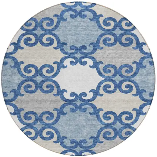8' Navy Blue Gray And Ivory Round Trellis Washable Indoor Outdoor Area Rug Photo 2