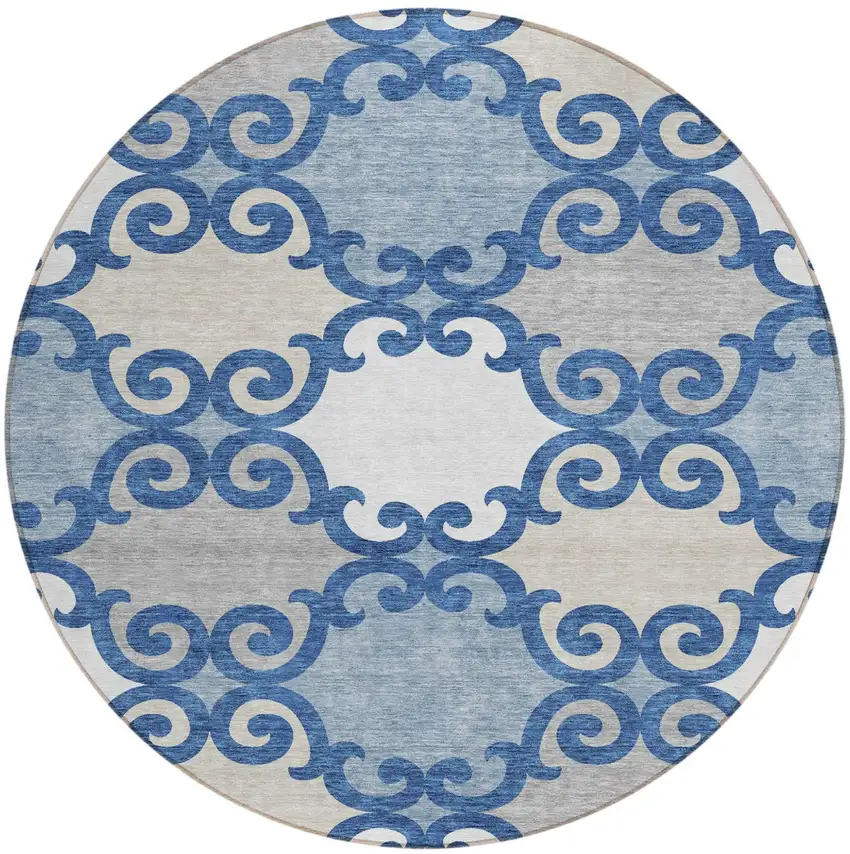 8' Navy Blue Gray And Ivory Round Trellis Washable Indoor Outdoor Area Rug Photo 2