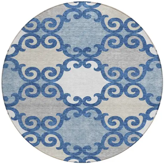 8' Navy Blue Gray And Ivory Round Trellis Washable Indoor Outdoor Area Rug Photo 5