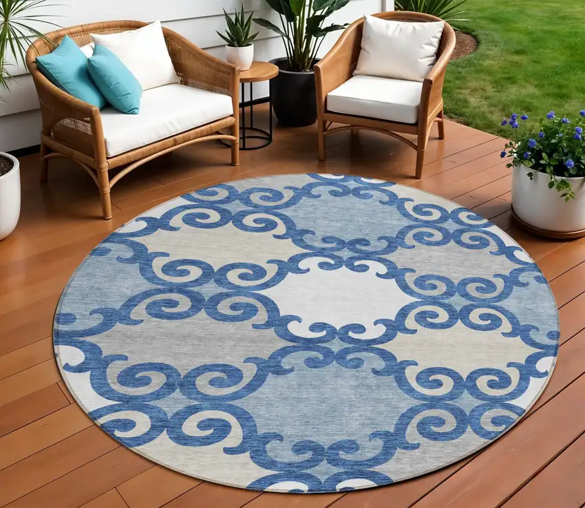 8' Navy Blue Gray And Ivory Round Trellis Washable Indoor Outdoor Area Rug Photo 1