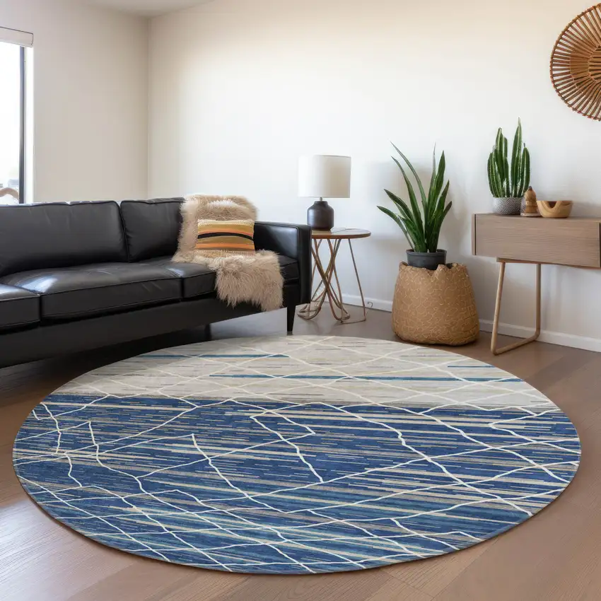 8' Navy Blue Gray And Ivory Striped Washable Round Rug With UV Protection Photo 4