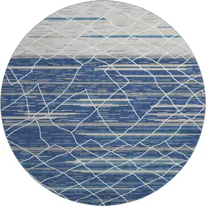 Photo of 8' Navy Blue Gray And Ivory Striped Washable Round Rug With UV Protection