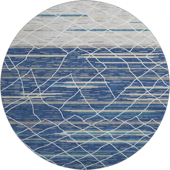 8' Navy Blue Gray And Ivory Striped Washable Round Rug With UV Protection Photo 1