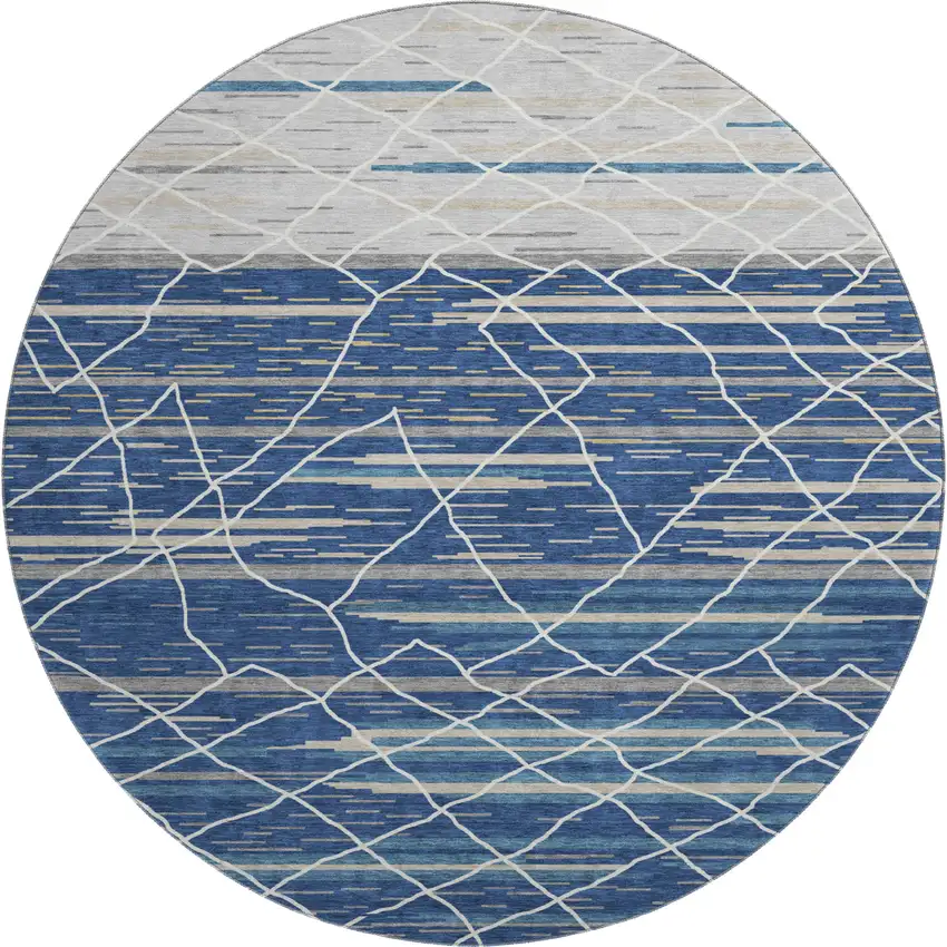 8' Navy Blue Gray And Ivory Striped Washable Round Rug With UV Protection Photo 1