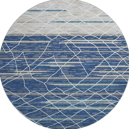 8' Navy Blue Gray And Ivory Striped Washable Round Rug With UV Protection Photo 4